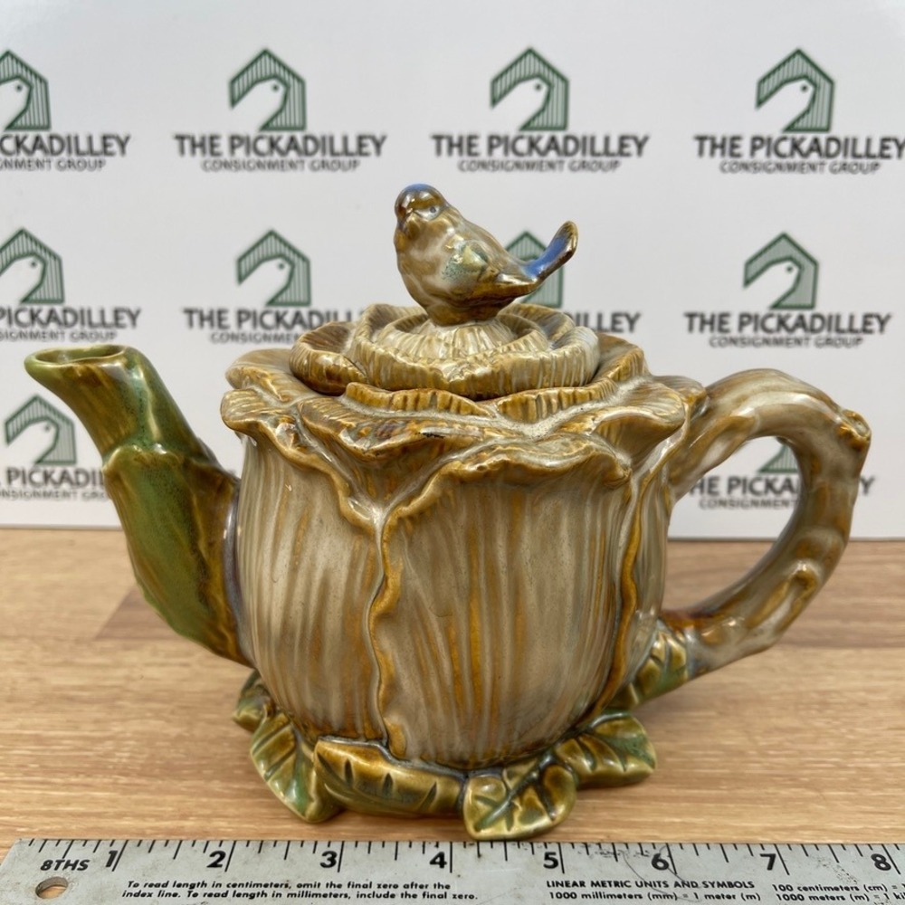 Vintage Majolica Style Cabbage Leaf Teapot with Bird Finial Green Tan Ceramic